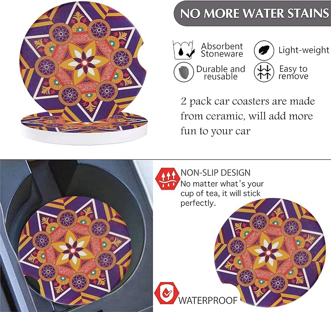3 Pack Boho Steering Wheel Cover with Car Cup Holder Coasters Universal Baja Hippie Bohemian Style Steering Wheel Covers Cute Car Steering Wheel Cover for Women Girl 15 Inch (Orange)