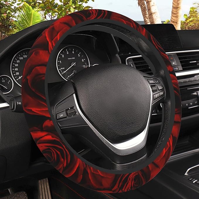 Red Roses Steering Wheel Cover, Elastic Non-Slip Steering Wheel Protector,Auto Interior Decor for Women Girls,Universal 15" Fit for Sedans,Trucks