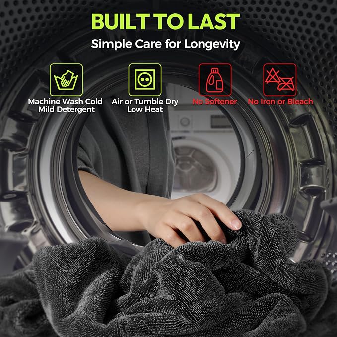 Drying Towel for Car Detailing, 1500 GSM Ultra Super Absorbent, 24"x36" XL Soft Microfiber Towels for Cars, Twisted-Loop & Streak Free Microfiber Towels for Cars, Trucks, SUVs