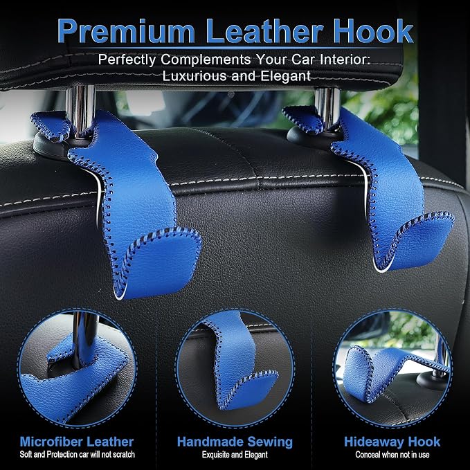 Blue Superior Leather Car Seat Back Headrest Hook, Auto Seat Hook Hangers Interior Accessories for Purse Coats Umbrellas Grocery Bags Handbag, 2-Pack