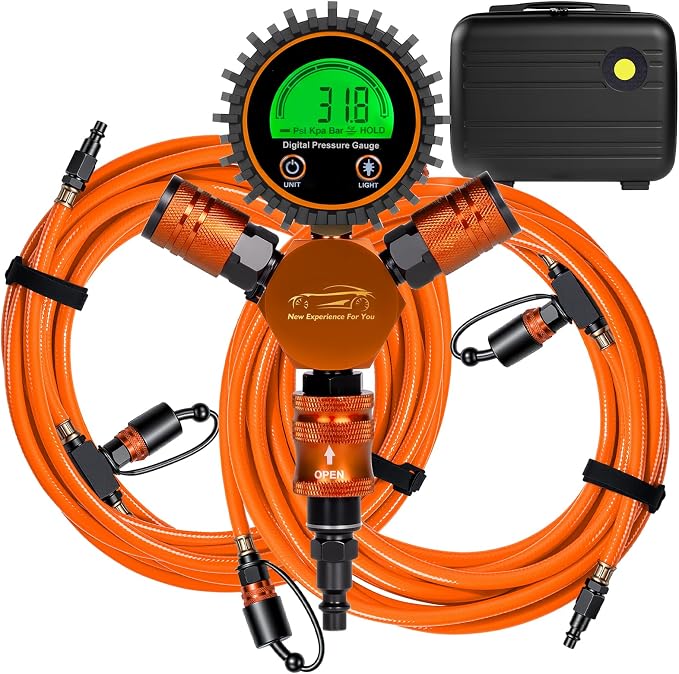 4 Tire Inflation Deflation System W/300PSI Digital Pressure Gauge | Fits up to 200" Wheelbase, Plastic Carry Box & Heavy Duty Hoses, Fits Truck, Car, Trailer, Motorcycle Offroad Vehicles,Orange
