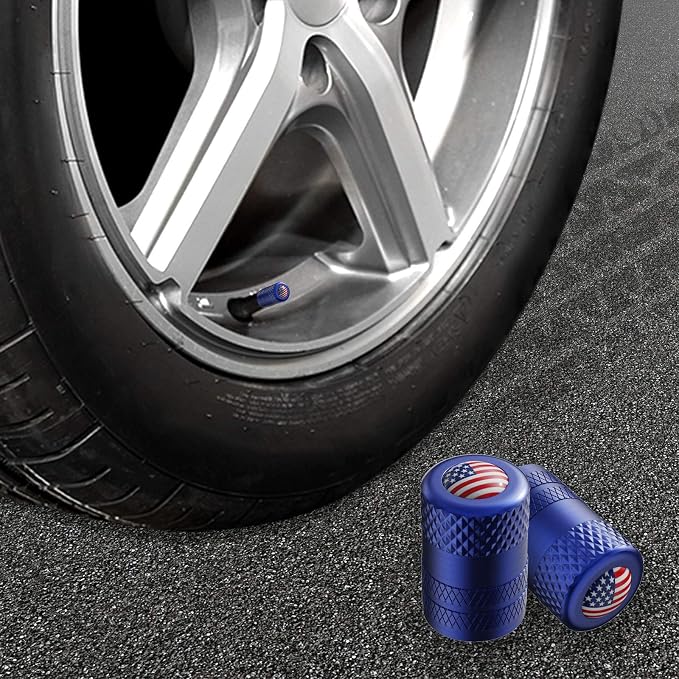 Tire Valve Stem Caps, Anodized Aluminum Tire Valve Cap Set | Corrosion Resistant, Universal Stem Covers for Cars Trucks Motorcycles SUVs and Bikes (Blue-US)