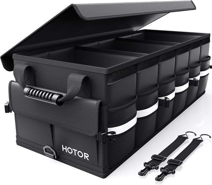 Car Trunk Organizer - Foldable Trunk Organizer for SUV, Car Storage with Reflective Strips & Securing Cover, Large Capacity Car Accessories for Truck, Van & Sedan, Black, 33.1" x 12.6" x 11.0"