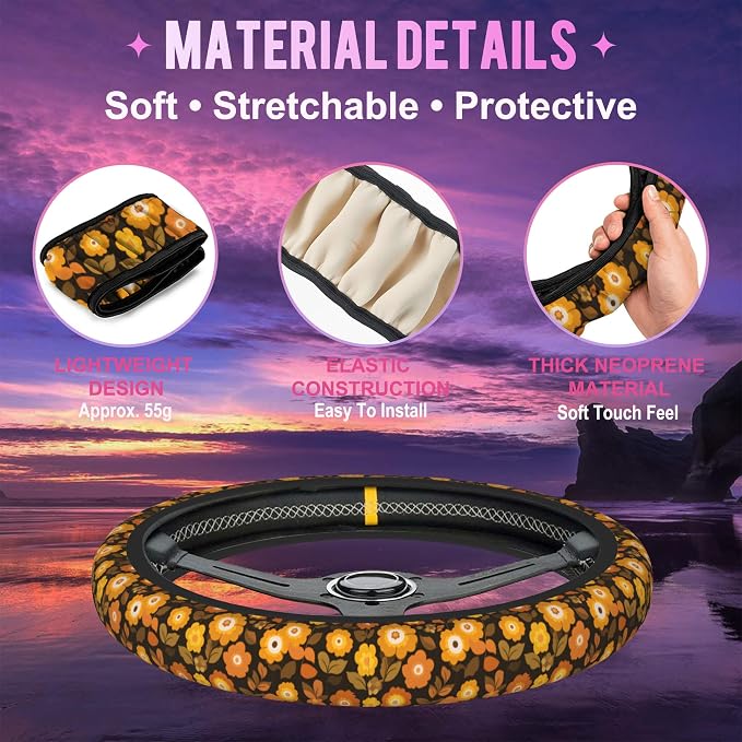 Retro 70s Groovy Orange Floral Steering Wheel Cover for Women Men Neoprene Breathable Wheel Cover Protector Anti-Slip Car Accessories Universal 15 Inch Fit for Cars Trucks Vehicles