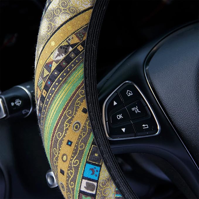3 Pack Boho Steering Wheel Cover with Car Cup Holder Coasters Universal Baja Hippie Bohemian Style Steering Wheel Covers Cute Car Steering Wheel Cover for Women Girl 15 Inch (Yellow)