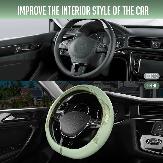 Steering Wheel Cover, Green Patterned Leather Patchwork Design, Universal Fit 14.5"–15.5" D-Shape Steering Cover, Soft PU Grain Leather, Durable Grip Car Accessory for Girls & Women