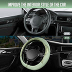 Steering Wheel Cover, Green Patterned Leather Patchwork Design, Universal Fit 14.5"–15.5" D-Shape Steering Cover, Soft PU Grain Leather, Durable Grip Car Accessory for Girls & Women