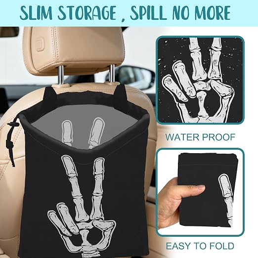 Car Garbage Bag Skeleton Hand Peace Sign Drawstring Car Trash Bag Hanging for Back Seat with Adjustable Buckle Canvas Vehicle Trash Can Easy-to-Install