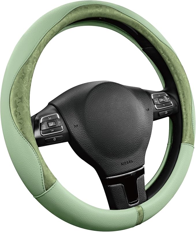 Steering Wheel Cover, Green Patterned Leather Patchwork Design, Universal Fit 14.5"–15.5", Anti-Slip, Odor-Free, Soft PU Grain Leather, Durable Grip Car Accessory for Girls & Women