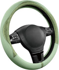 Steering Wheel Cover, Green Patterned Leather Patchwork Design, Universal Fit 14.5"–15.5", Anti-Slip, Odor-Free, Soft PU Grain Leather, Durable Grip Car Accessory for Girls & Women