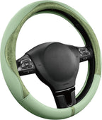 Steering Wheel Cover, Green Patterned Leather Patchwork Design, Universal Fit 14.5"–15.5", Anti-Slip, Odor-Free, Soft PU Grain Leather, Durable Grip Car Accessory for Girls & Women