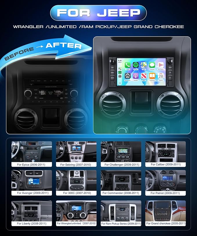 7" Car Stereo Radio for Jeep Wrangler 2007-2015 4G+64G | Wireless CarPlay Android Auto, GPS, 5GHz WiFi, FM/RDS, SWC, Backup Camera for Grand Cherokee 2005-2011 Dodge Ram 1500 2500