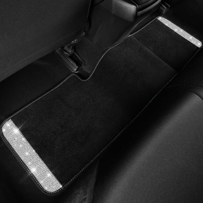 3 Row Bling Diamond Car Mats Shining Carpet Rhinestones Sparkly Glitter Floor Mats Anti-Slip PVC Heel Pad Universal for Automotive SUV,Sedan,Van, 3rd Row 2 Rear for Girl Women, Black Silver
