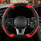 Black Red Microfiber Leather D Shaped Steering Wheel Cover | Breathable Anti Slip Grip Cool Sporty Look Glow for Women Men