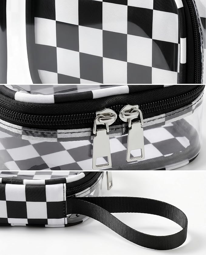 Preppy Clear Makeup Bag Travel Cosmetic Case Transparent Black and Beige Checkered Toiletry Bag with Zipper,Portable Make Up Organizer Traveling Compact Car Bag for Essentials