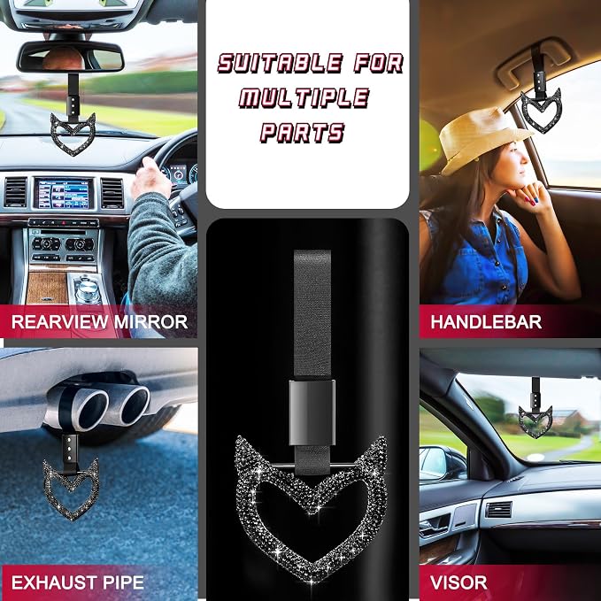 Bling Car Accessories Bling Heart Handle Ring Car Accessory for Women Heart Hand Strap Drift Charm Rear Bumper Warning Ring Decor for auto Bus Interior Exterior Decoration (Black,Devil Style)