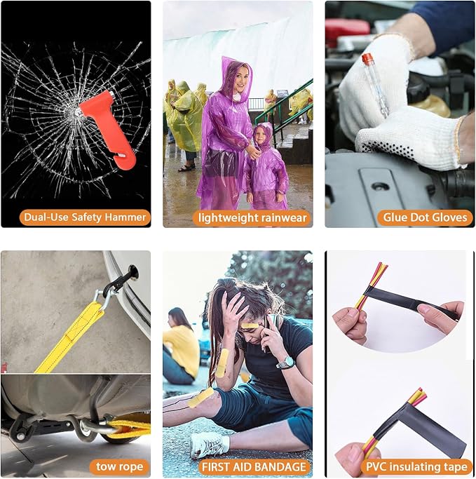 Roadside Emergency Car Kit,with Jumper Cables Roadside Kit Car Safety Kits | Emergency Car Kit Tow Straps,Headlamp, Safety Hammers, Gloves, Auto Emergency Kits Vehicles Gifts for New Drivers