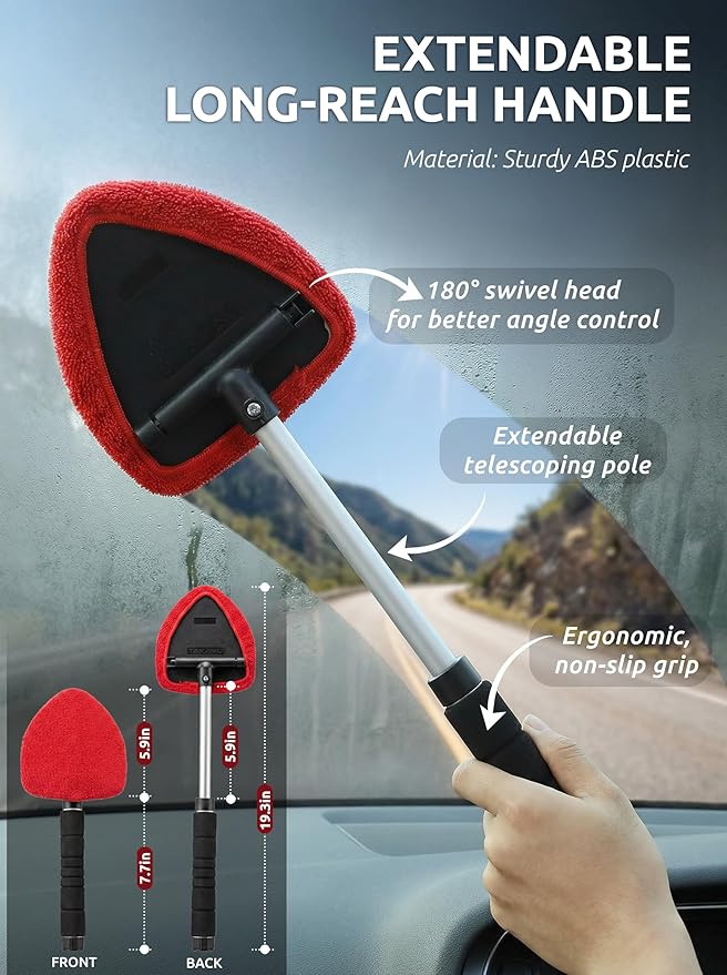 Window & Windshield Cleaner, Extendable, 3 Microfiber Pads (Red) | Pivoting Triangle Head Wiper Cleans Interior & Exterior Glass, 3 Washable Reusable Bonnets, Lint-Free