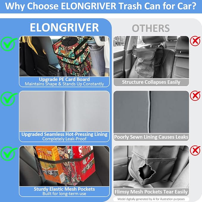 Car Trash Can Bin for Back Seat Leak Proof, Cute Car Trash Bag Hanging, Vehicle Trash Can for SUV Truck Van, Automotive Garbage Cans Front Seat Red Leaves, 2 Gallons