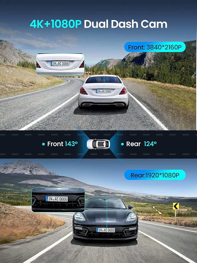 Dash Cam Front and Rear 4K+1080P, Dash Camera for Cars with GPS, 5GHz WiFi 6, AI Night Vision 2.0, 48H Parking Mode, 64GB Card Included, ADAS, Loop Recording, Car Dash Cam, Z50 Pro