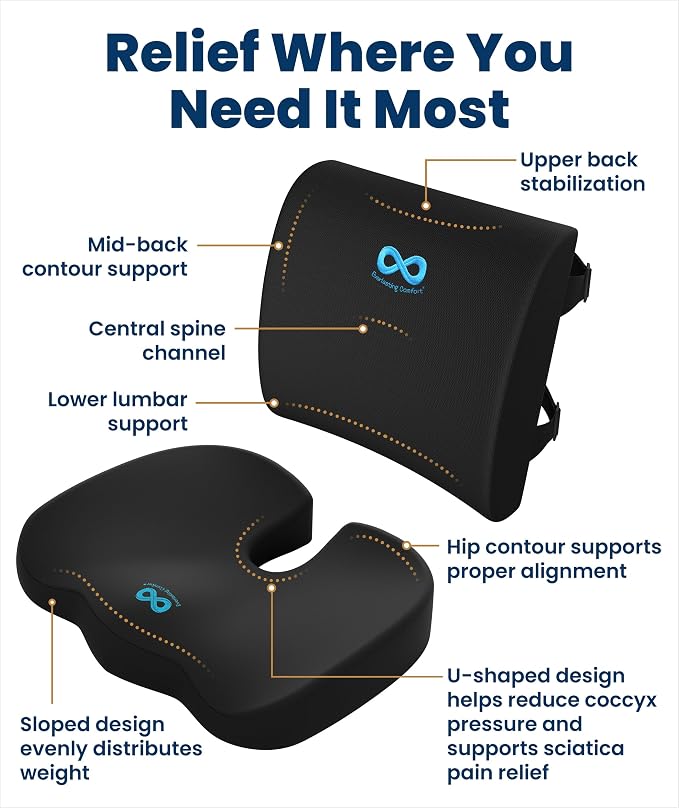 Doctor Recommended Memory Foam Seat Cushion for Office Chairs & Car - Ergonomic Office Desk Accessories - Cushions for Tailbone Pain Relief, Sciatica (Black Airflow Lumbar, Large)