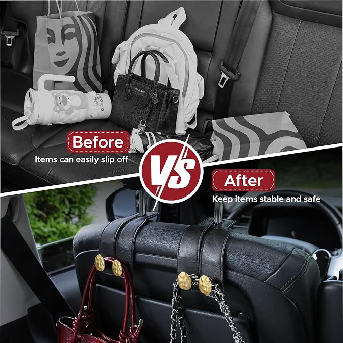 4 PCS Leather Car Seat Hooks for Headrest, Vehicle Hanger Storage Organizer Universal for Handbag Purse, Car Accessories Gift (Black-Gold-4 PCS)