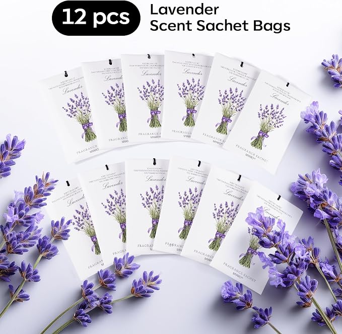 12 Pack Lavender Scented Sachets | Odor Eliminator & Air Freshener for Drawer, Closet, Car, Shoes, Gym Bag, Suitcase | Home Fragrance Gift Set