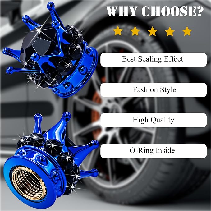4PCS Crown Bling Tire Stem Valve Caps, Crystal Diamond Car Wheel Tire Valve Caps Universal Copper Core Stem Covers for Cars, SUV, Trucks, Bikes, Motorcycles, Bicycles (Blue & Black)