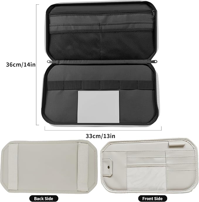 Car Sun Visor Organizer with Zipper Pockets PU Leather Storage Bag with Elastic Straps and Glasses Clip Sunvisor Organizers for Car SUV Truck