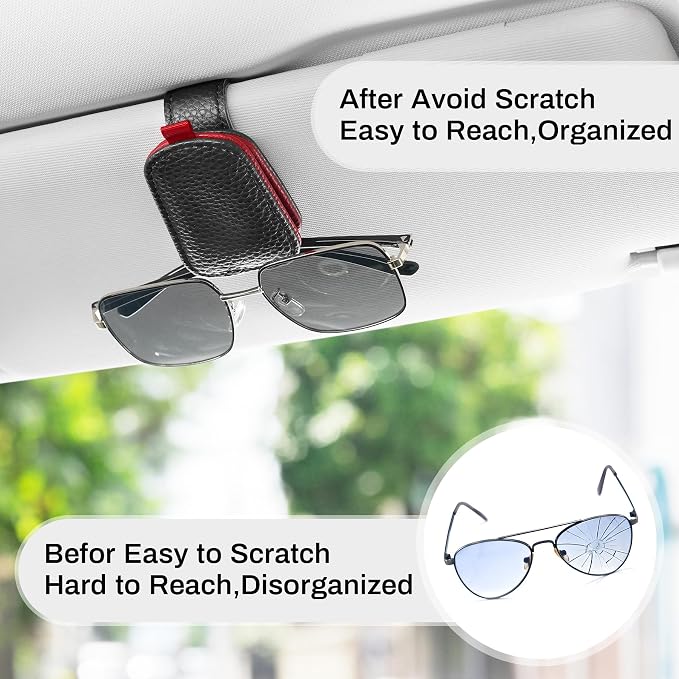 Sunglasses Holder for Car, Leather Magnetic Buckle Sun Visor Sunglass Clip, Ticket Card Storage Glasses Clip, Car Interior Accessories for Men and Women（2PCS Black-red）