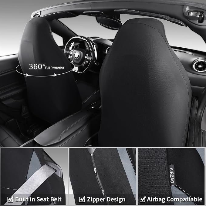 Waterproof High Back Car Seat Covers Front Seats with Armrest Gray | Neoprene Bucket Seat Cover, Airbag and Armrest Compatible, Built-In Seatbelt Universal Fit for Cars,Truck, Van, SUV