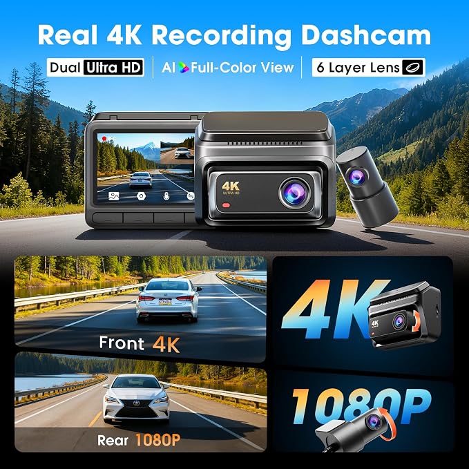 4K Dash Cam Front and Rear,Built-in 32G eMMC Dual Dash Car Camera,64GB Card Included Dashcam,Night Vision Dash Camera,5GHz WiFi,7 Days Parking Mode,GPS,3" IPS,ADAS,WDR,Support 512GB,Z60