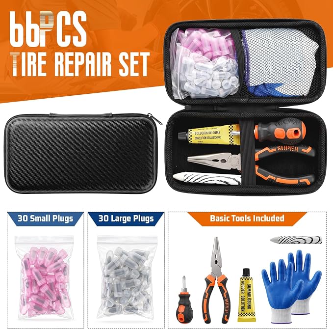 Tire Repair Screws Kit, 66pcs Tire Plug Kit, with Pliers, Screwdriver, Gloves, Glue and Storage Case, Emergency Flat Tire Puncture Repair, No Tire Removal Needed