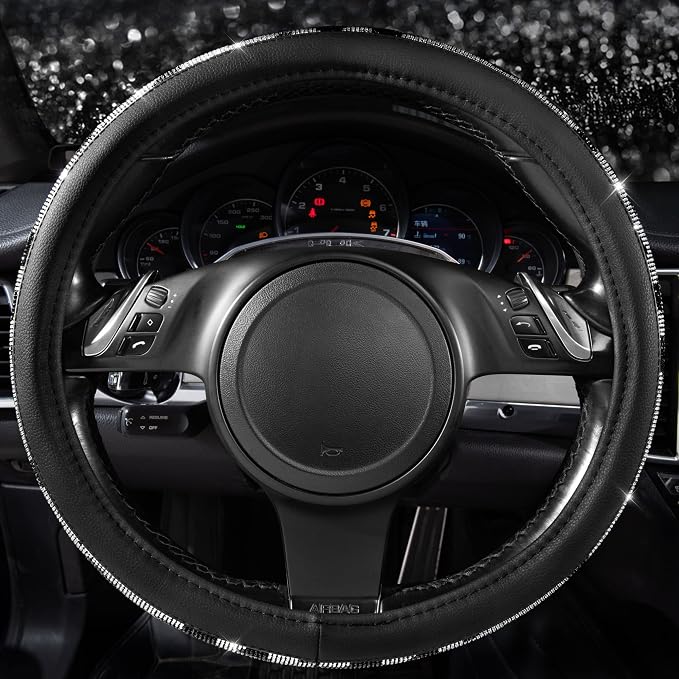 Bling Cow Print Diamond Steering Wheel Cover, with Sparkly Crystal Glitter Rhinestones Black Leather Car Wheel Protect for Women Girl Fit Suvs,Vans,Sedans,Cars,Trucks, 14" 1/2-15" Cow Design
