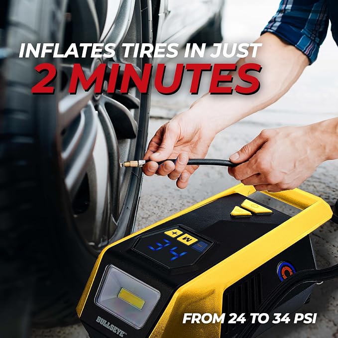 Bullseye 12V DC Car Tire Inflator Portable Air Compressor - Rapid 2 Minute Inflation, Auto Shut-Off, Max 150 PSI, Easy Cord Storage, Digital Pressure Gauge, LED Display (Yellow) - As Seen on TV