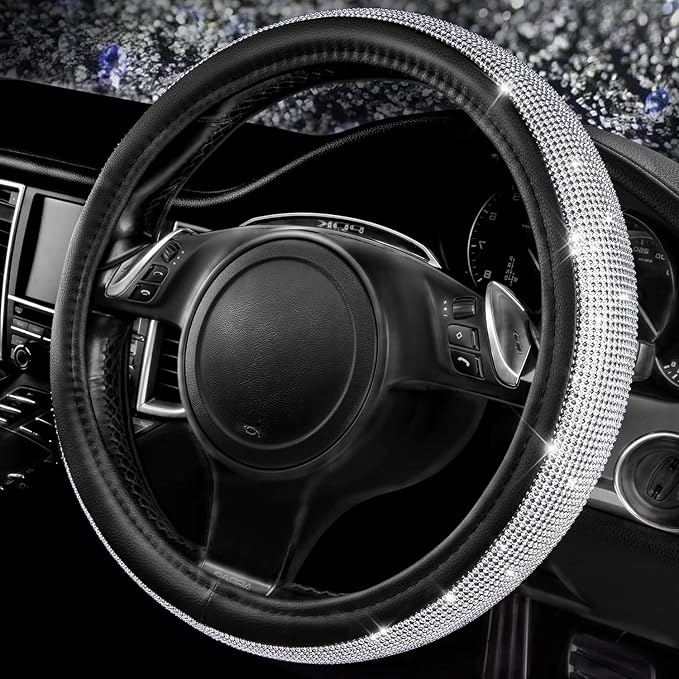 Bling Silver Diamond Leather Steering Wheel Cover, with Sparkly Crystal Glitter Rhinestone Universal Fit 13" 1/2-14" Small Car Wheel Protector for Women Girl Fit Car,SUV,Van,Sedan, Silver
