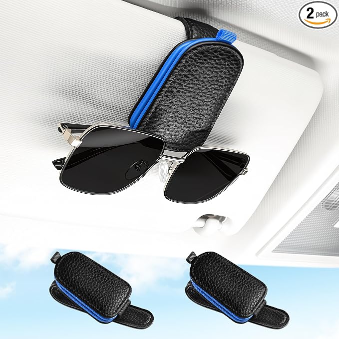 Sunglasses Holder for Car, Leather Magnetic Buckle Sun Visor Sunglass Clip, Ticket Card Storage Glasses Clip, Car Interior Accessories for Men and Women（2PCS Black-Blue）