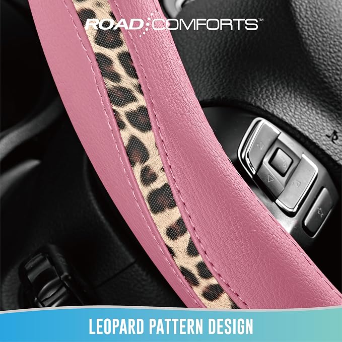 Steering Wheel Cover - Made with PVC Leather and Leopard Fabric - Universal 14 1/2 inches to 15 inches for Most Automotive Steering Wheel - Cheetah Print -Pink