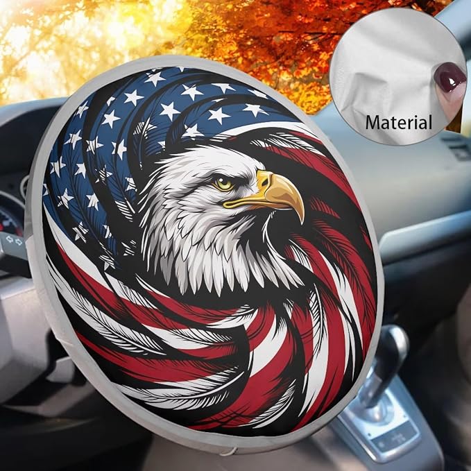 American Flag Eagle Steering Wheel Sun Shade Cover Anti-Heat Aluminum Foil Steering Wheel Cover Sun Shade, Auto Interior Protector Car Steering Wheel Cover for Women