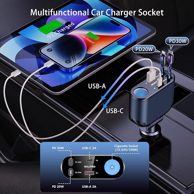 Retractable Car Charger Cigarette Lighter Adapter, 168W 5 in 1 Fast Phone Charging Built-in Replaceable Fuse, Socket Splitter with USB C and USB i Cord, Fit for Phone iPad Galaxy GPS, Blue