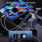 Retractable Car Charger Cigarette Lighter Adapter, 168W 5 in 1 Fast Phone Charging Built-in Replaceable Fuse, Socket Splitter with USB C and USB i Cord, Fit for Phone iPad Galaxy GPS, Blue