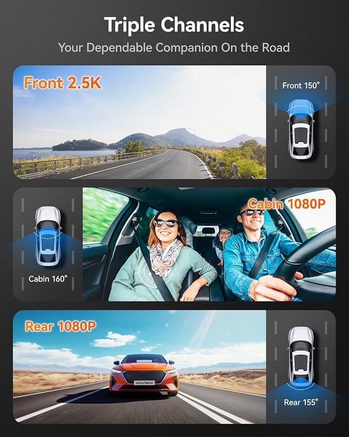 i07 3 Channel Dash Cam Built-in WiFi GPS, 4K Dash Camera Front and Inside, 1440P+1080P+1080P Triple Car Camera with 3" LCD Screen,IR Night Vision, 24H Parking Mode(Card Not Included)