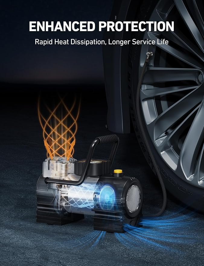 Tire Inflator Portable Air Compressor 150 PSI 12V DC Tire Pump with Digital Gauge Auto Shut-Off Fast Inflation, Ultra-Bright 12 LED Emergency Light for Car, Motorcycle, Bike, Ball, Inflatables