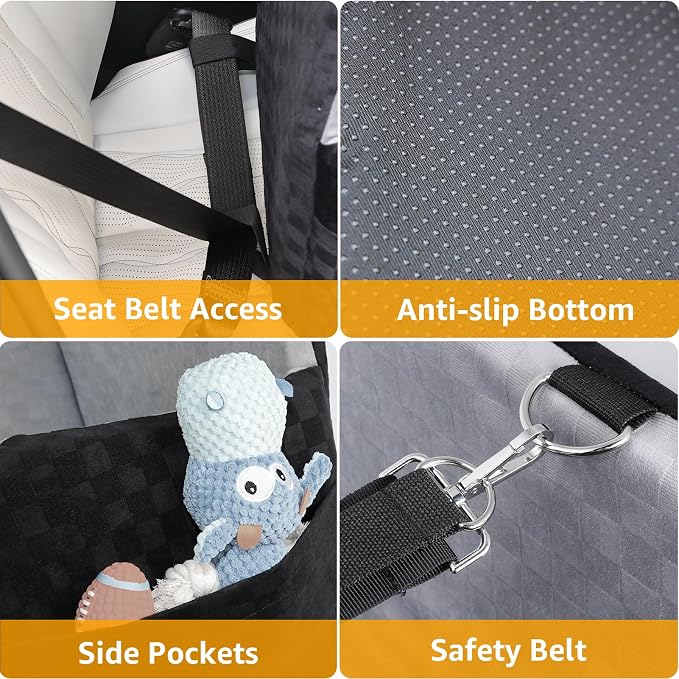 Waterproof Dog Car Seat for Small Medium Dogs, 5in Memory Foam Pet Booster Seat for Dogs up to 35 lbs with Pockets, Detachable Washable Pet Carseat with Y-Shape Safety Belt (Gray, Medium)