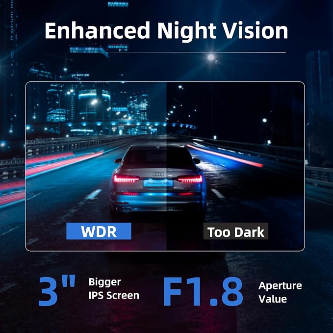 Car Camera 4K Resolution, WiFi, Bluetooth, GPS Dash Cam, 3-Inch IPS Screen, Night Vision, Loop Recording, HDR, App Control, and Supports up to 512GB with a Free 32GB Card Included