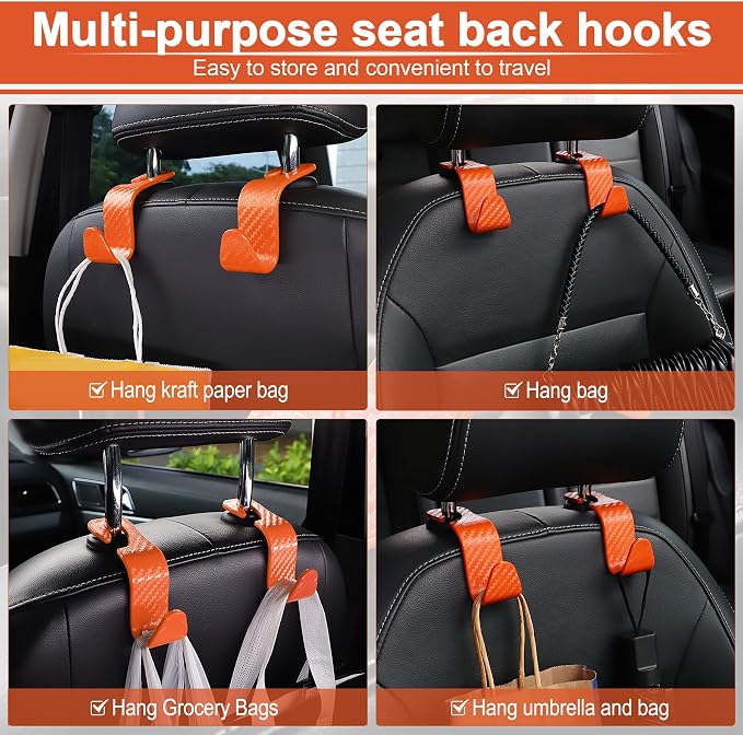 Car Purse Hook, 4 Pack Universal Auto Seat Headrest Hook Hangers Organizer for Coats, Umbrellas, Groceries - Carbon Fiber Orange