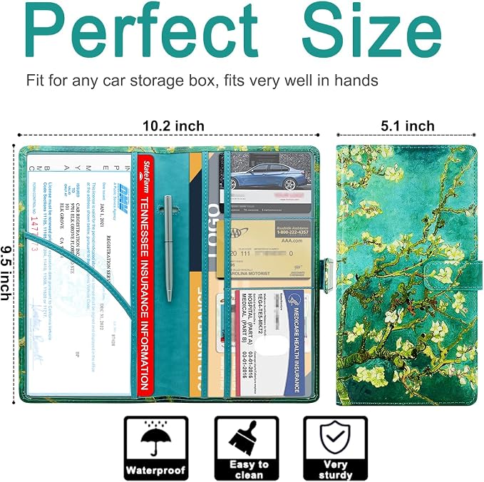 Car Registration and Insurance Holder, Vehicle Glove Box Organizer Cool Car Accessories, Car Document Holder for Cards and Driver License, Almond Blossom