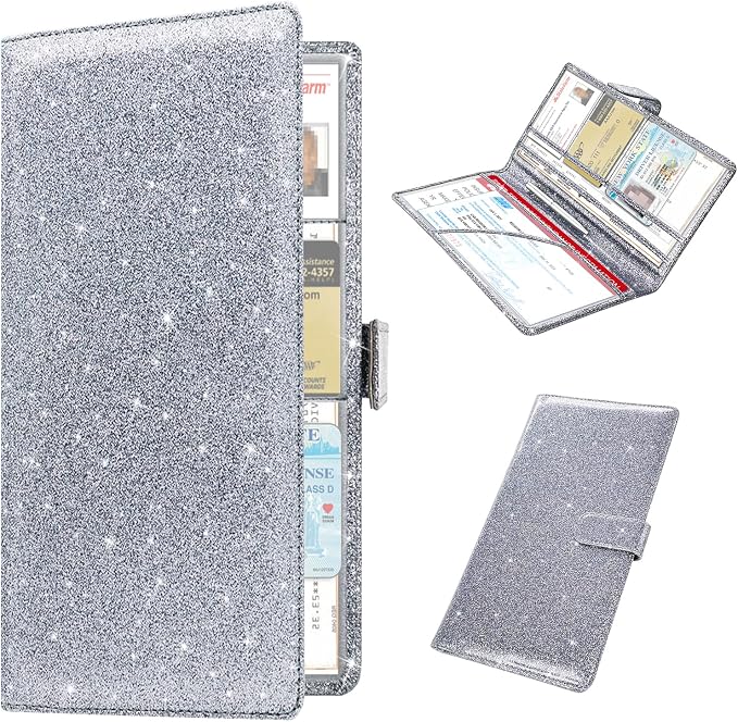 Car Registration & Insurance Holder - Leather Glove Box Organizer, Cool Accessories for ID, Driver's License Cards & Essential Documents, Men & Women, Glitter Gray