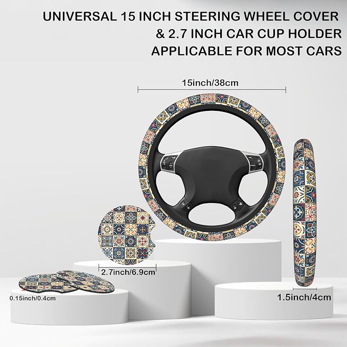 Ethnic Moroccan Floral Flower Steering Wheel Cover with 2 Pcs Car Coasters Neoprene Steering Wheel Cover for Women Men Anti-Slip Breathable Car Accessories Universal 15 Inch Fit Auto Cars Trucks