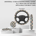 Ethnic Moroccan Floral Flower Steering Wheel Cover with 2 Pcs Car Coasters Neoprene Steering Wheel Cover for Women Men Anti-Slip Breathable Car Accessories Universal 15 Inch Fit Auto Cars Trucks